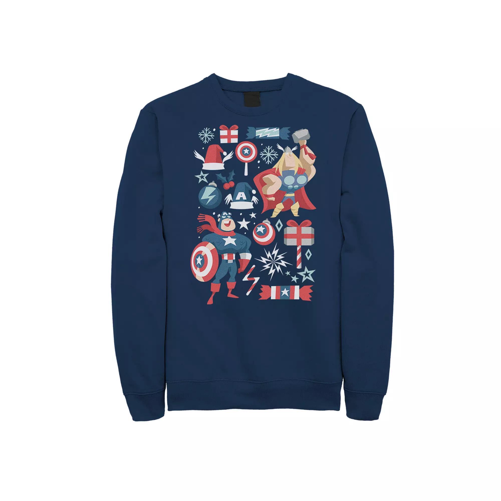 Men's Marvel Avengers Thor And Captain America Holiday Collage Sweatshirt, Size: XL, Blue Product Image