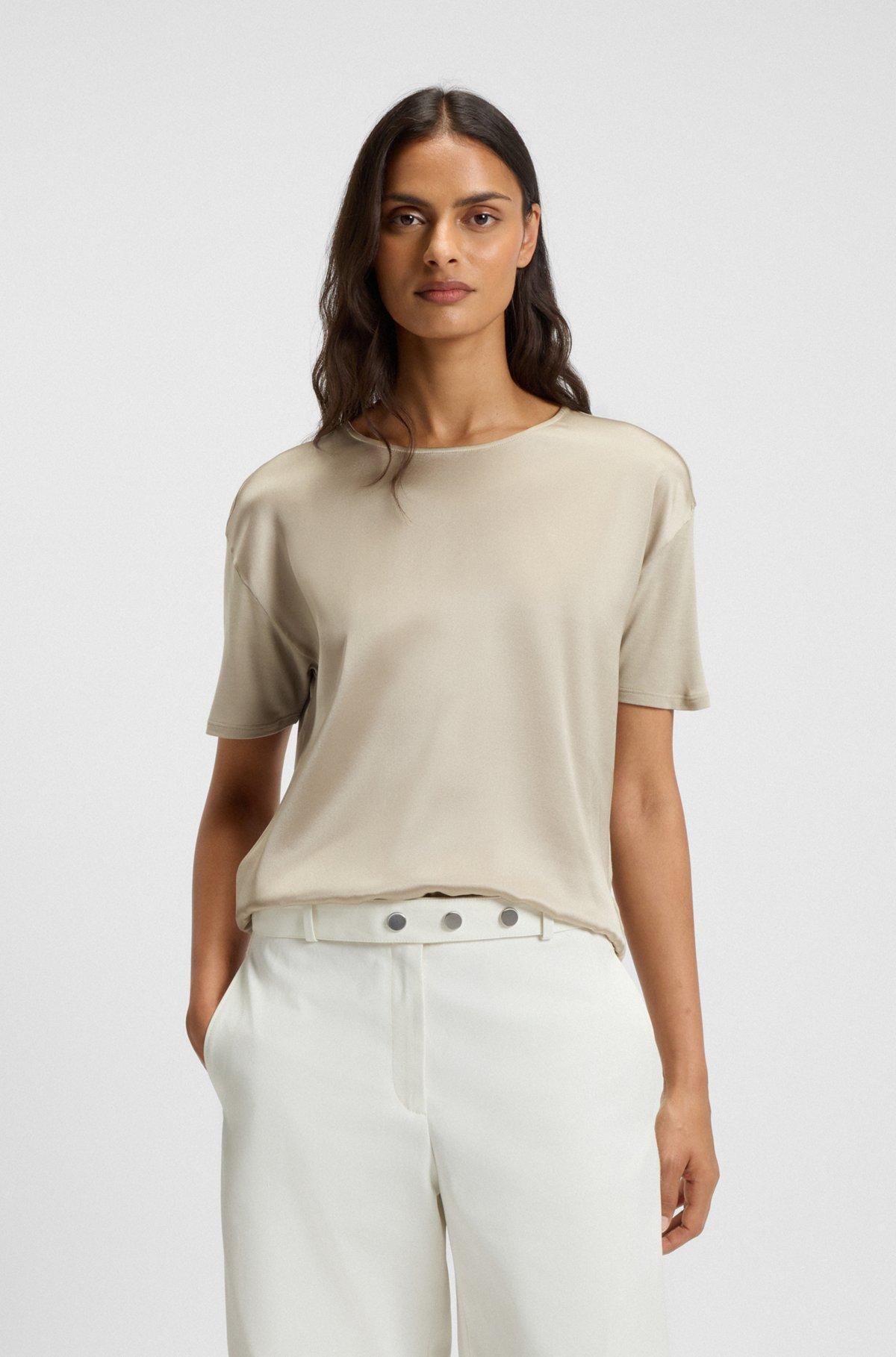 BOSS - Regular-fit jersey top with stretch-silk front - Light Beige Product Image