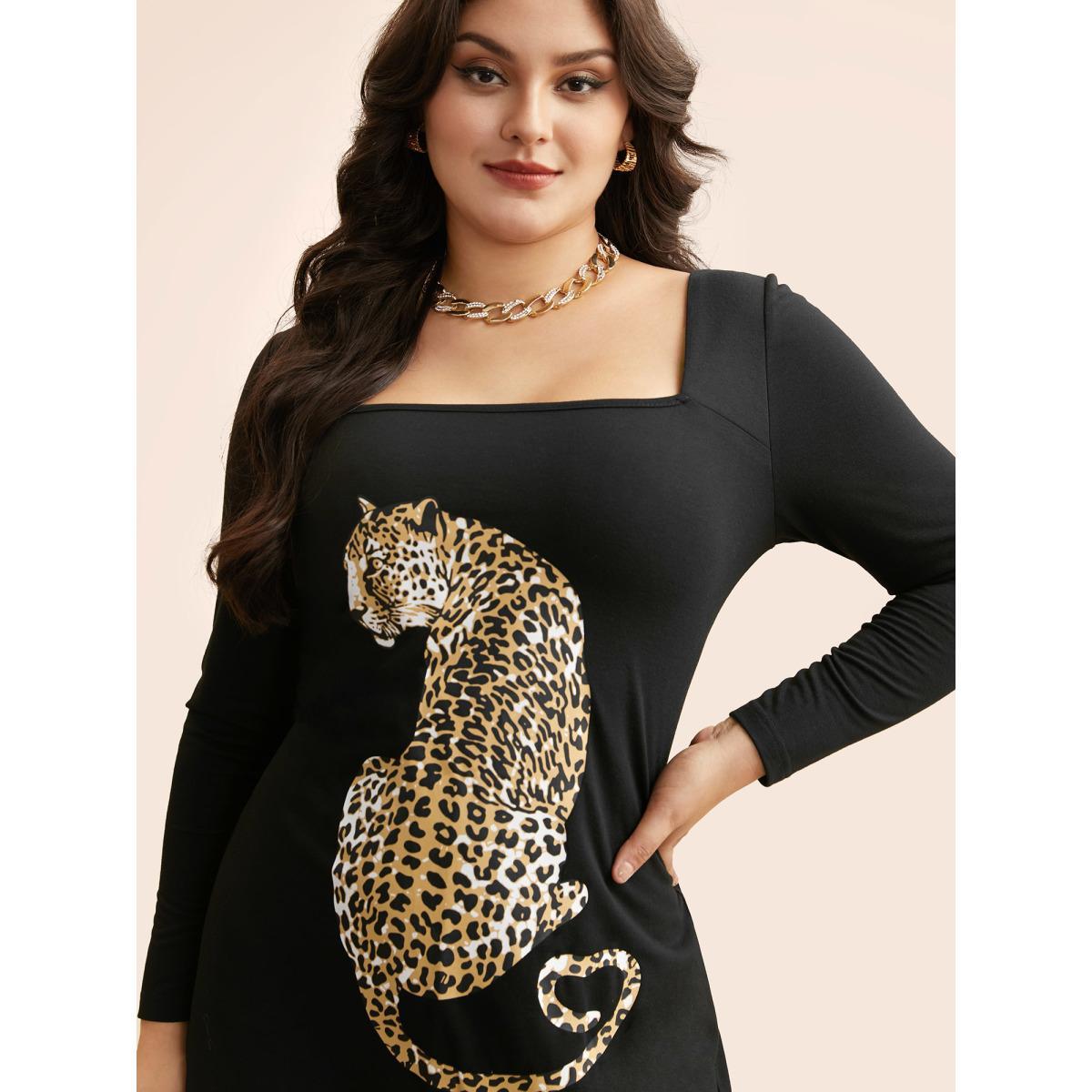 Plus Size Leopard Print Square Neck Tie Knot Dress Black Women Elegant Tie knot Square Neck Long Sleeve Curvy BloomChic 22-24/3X Product Image