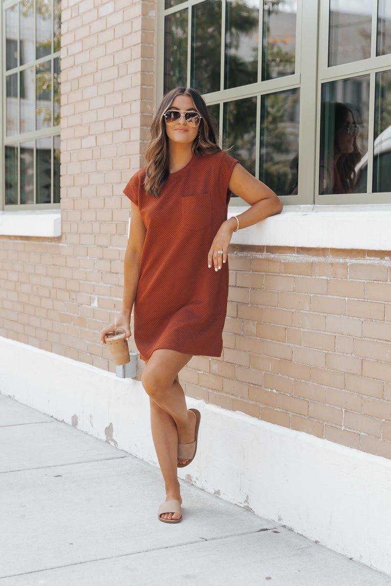 Rust Cap Sleeve Textured Mini Dress Product Image