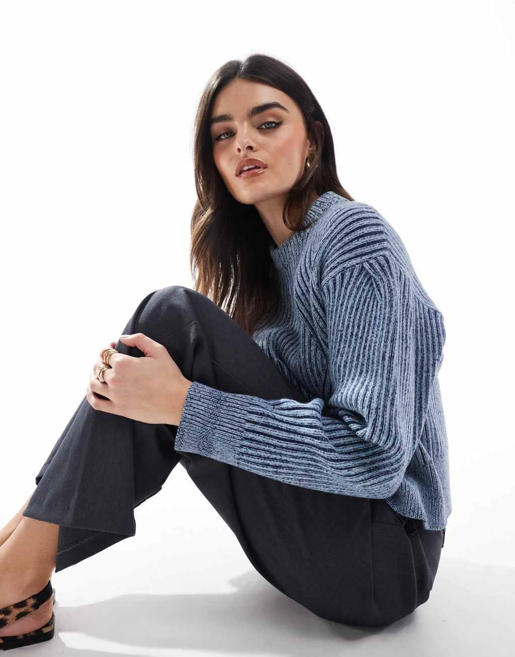 ASOS DESIGN plated crew neck sweater with sleeve detail in blue Product Image