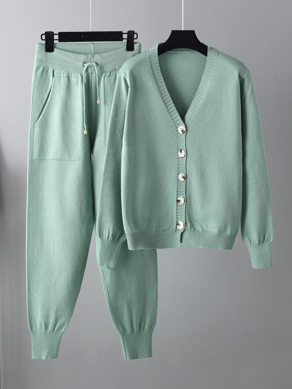 Casual Loose Solid Color V-Neck Cardigan Tops & Harem Pants Two Pieces Set Product Image