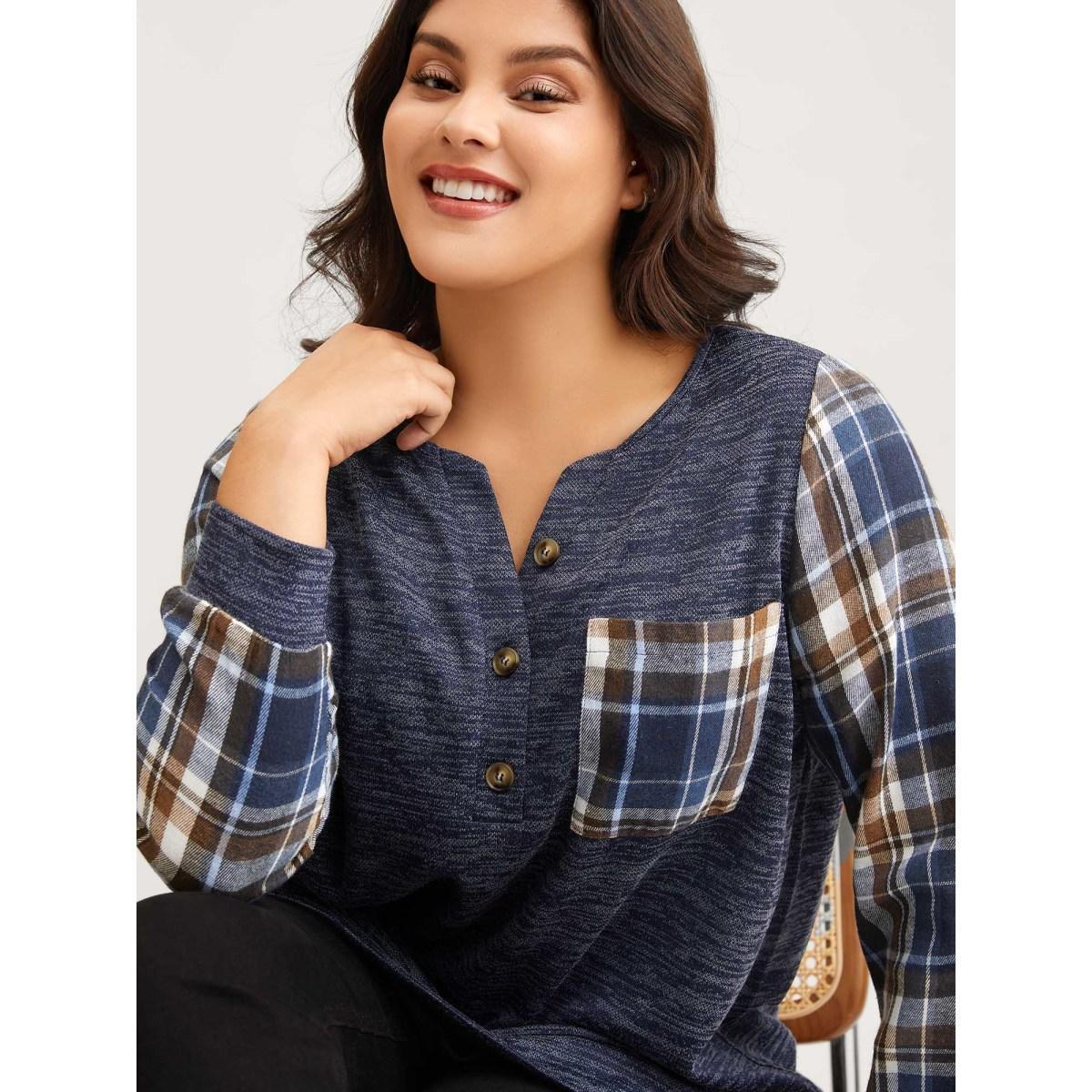 Plus Size Plaid Sleeve Button Up Patchwork Sweatshirt Women Indigo Leisure Contrast Notched collar Casual Sweatshirts BloomChic 18-20/2X Product Image