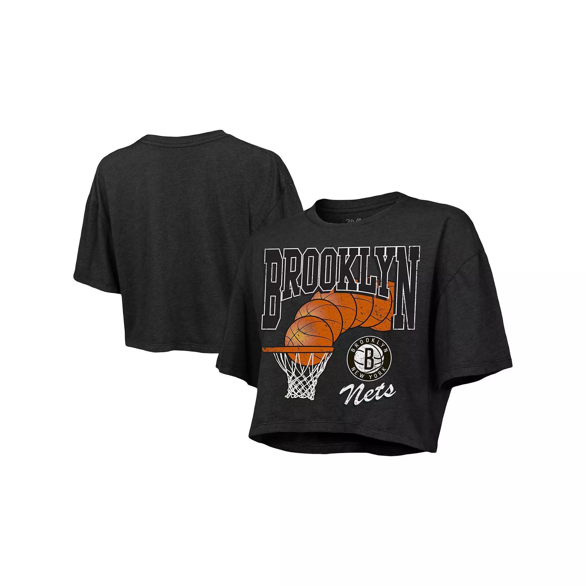 Women's Majestic Threads Charcoal Brooklyn Nets Bank Shot Cropped T-Shirt,  Product Image