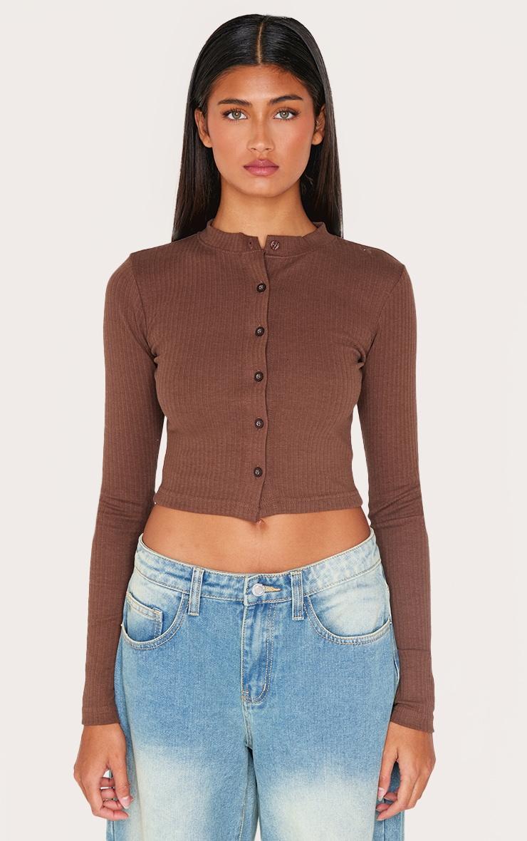 Chocolate Ribbed Button Down Detail Long Sleeve Top Product Image