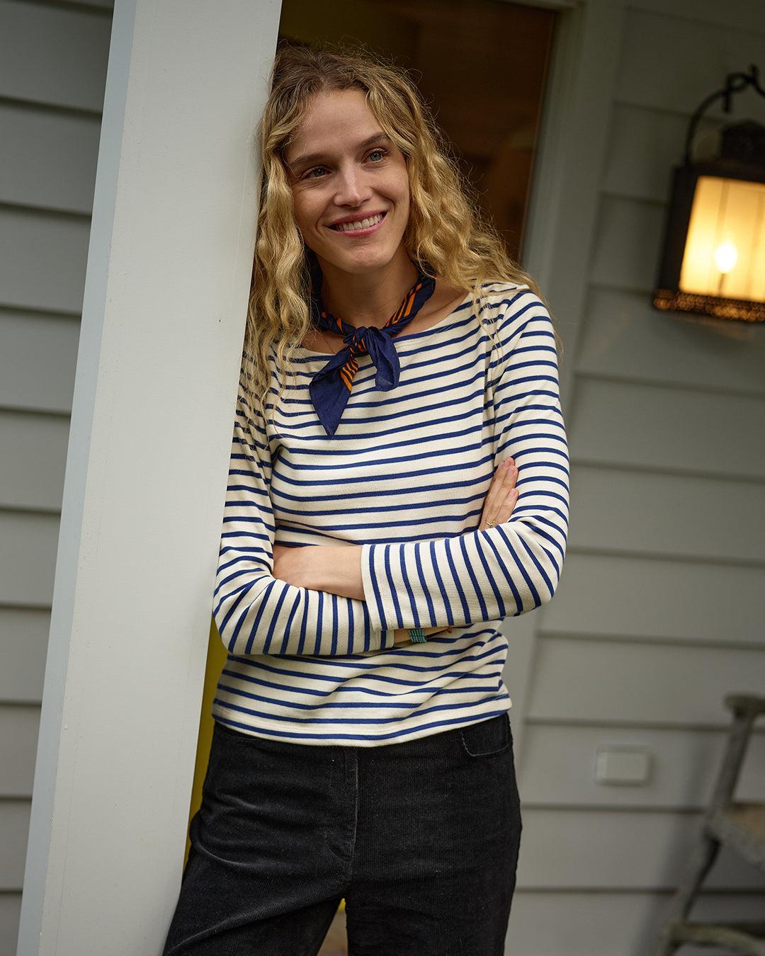 Women’s Breton Stripe Boatneck Tee in Off White/Atlantic Blue Product Image