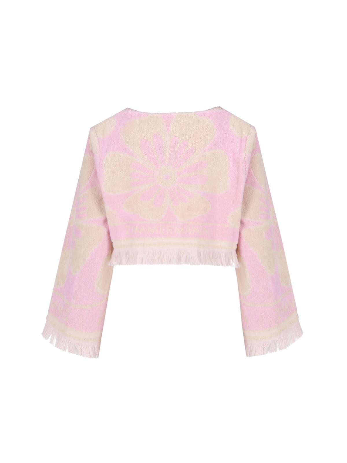 ZIMMERMANN Pop Fringed Cropped Cotton-terry Jacquard Top In Pink Cream Product Image