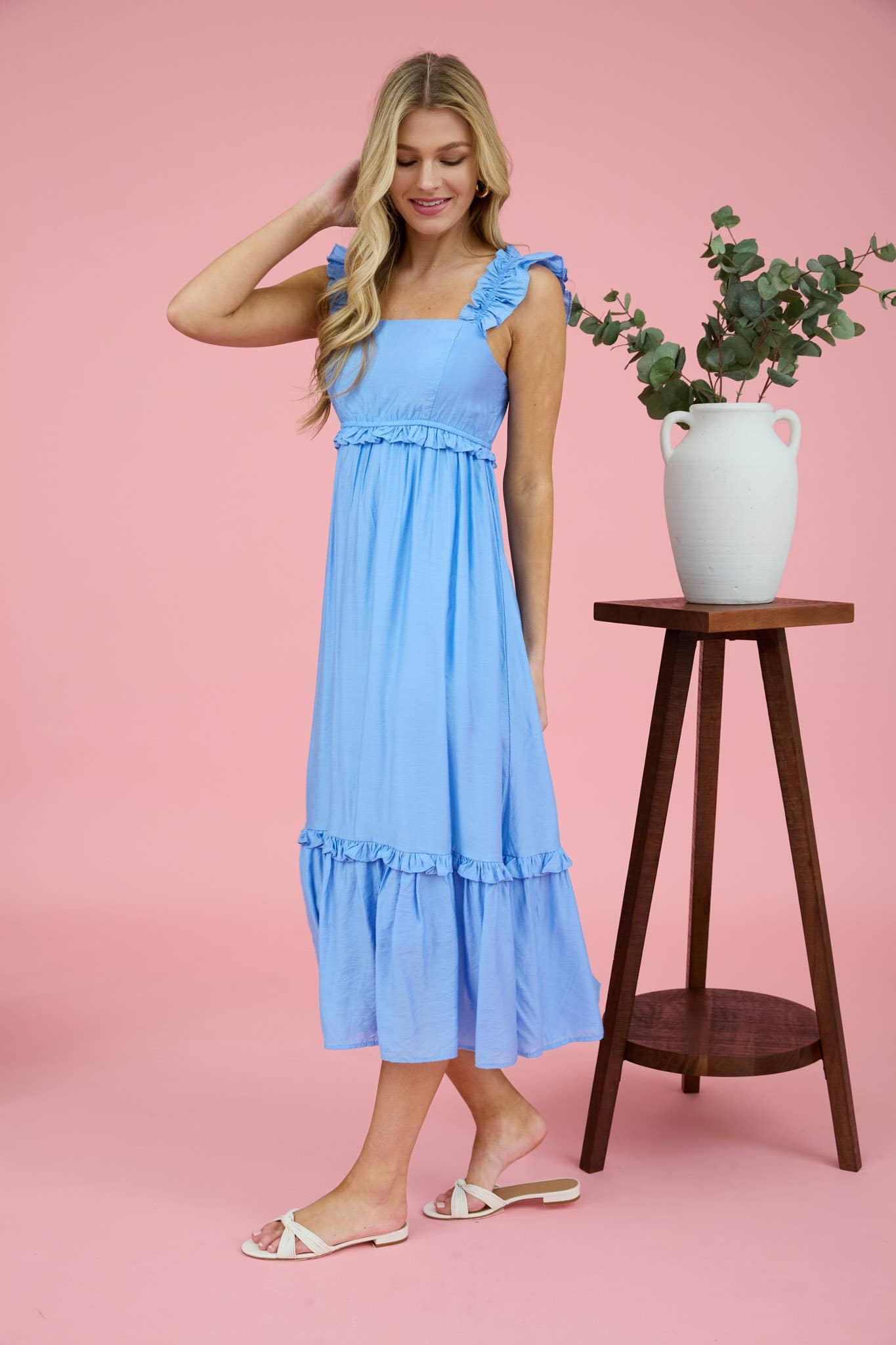 RUFFLE DETAIL EMPIRE WAIST SLEEVELESS MIDI DRESS: BLUE Product Image