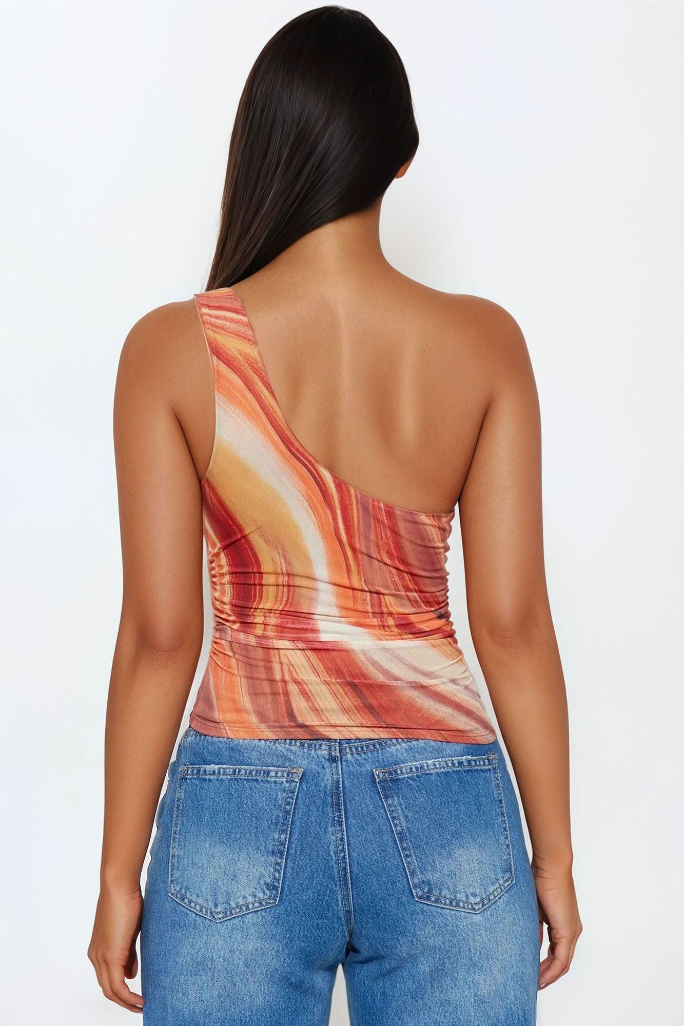 Roaming Sun One Shoulder Mesh Top - Orange/combo Female Product Image