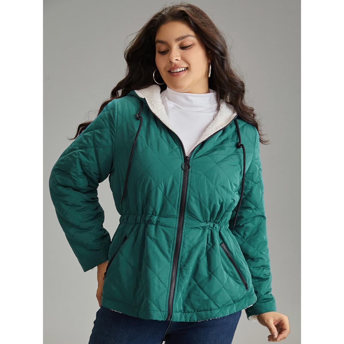 Plus Size Drawstring Quilted Zipper Fluffy Patchwork Jacket Women DarkGreen Texture Pocket Everyday Jackets BloomChic 14-16/1X Product Image