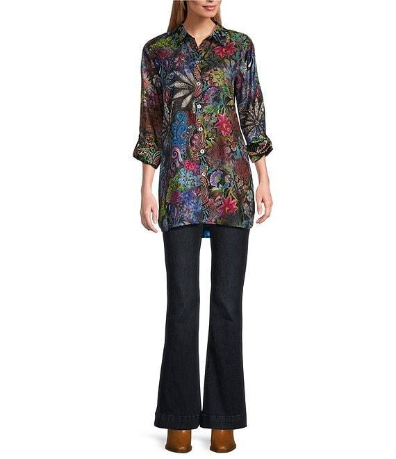 John Mark Mixed Print Satin Point Collar Long Roll-Tab Sleeve Button Front Blouse Product Image