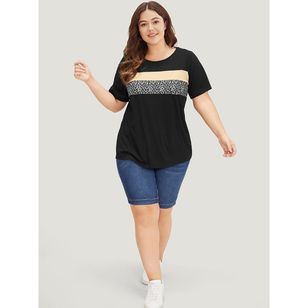 Plus Size Supersoft Essentials Leopard Colorblock Contrast Round Neck T-shirt Black Women Casual Leopard Round Neck Dailywear T-shirts BloomChic 30/6X Product Image