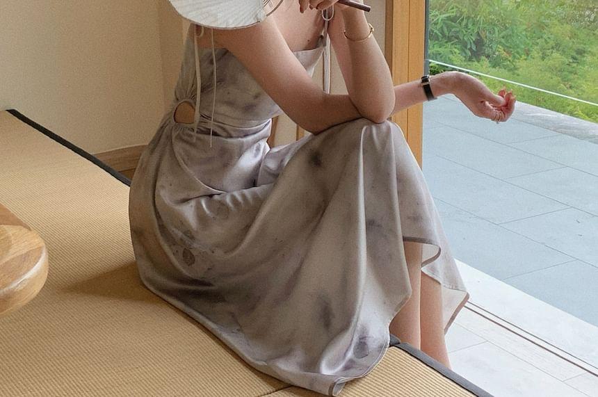 Spaghetti Strap Satin Midi A-Line Dress Product Image