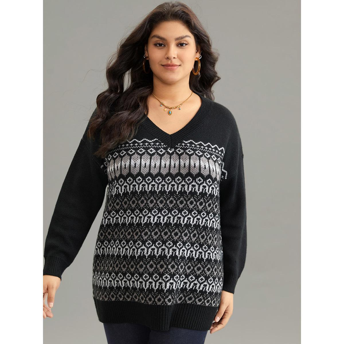 Plus Size Loose V Neck Geometric Print Jacquard Pullover Black Women Casual Loose Long Sleeve V-neck Dailywear Pullovers BloomChic 22-24/3X Product Image