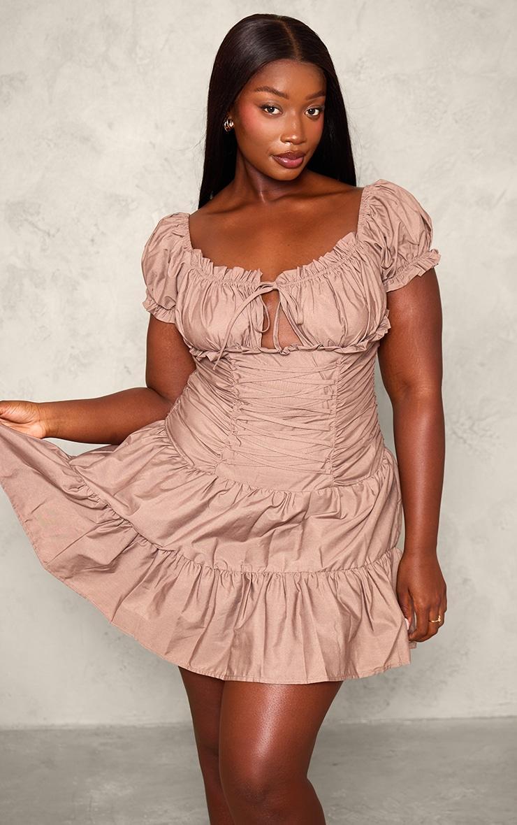 Plus Brown Lace Up Frilled Bardot Shift Dress Product Image