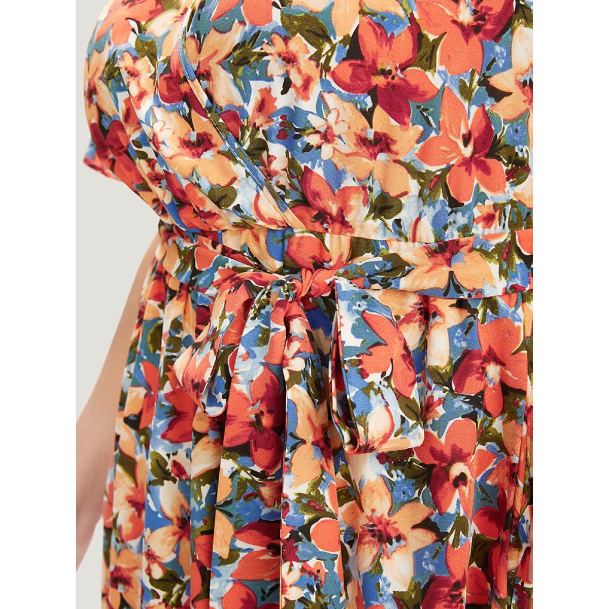 Plus Size Floral Printed Ruffle Sleeve Pocket Surplice Neck Flutter Dress Multicolor Women Elegant Cross straps V-neck Short sleeve Curvy Midi Dress BloomChic 12/L Product Image