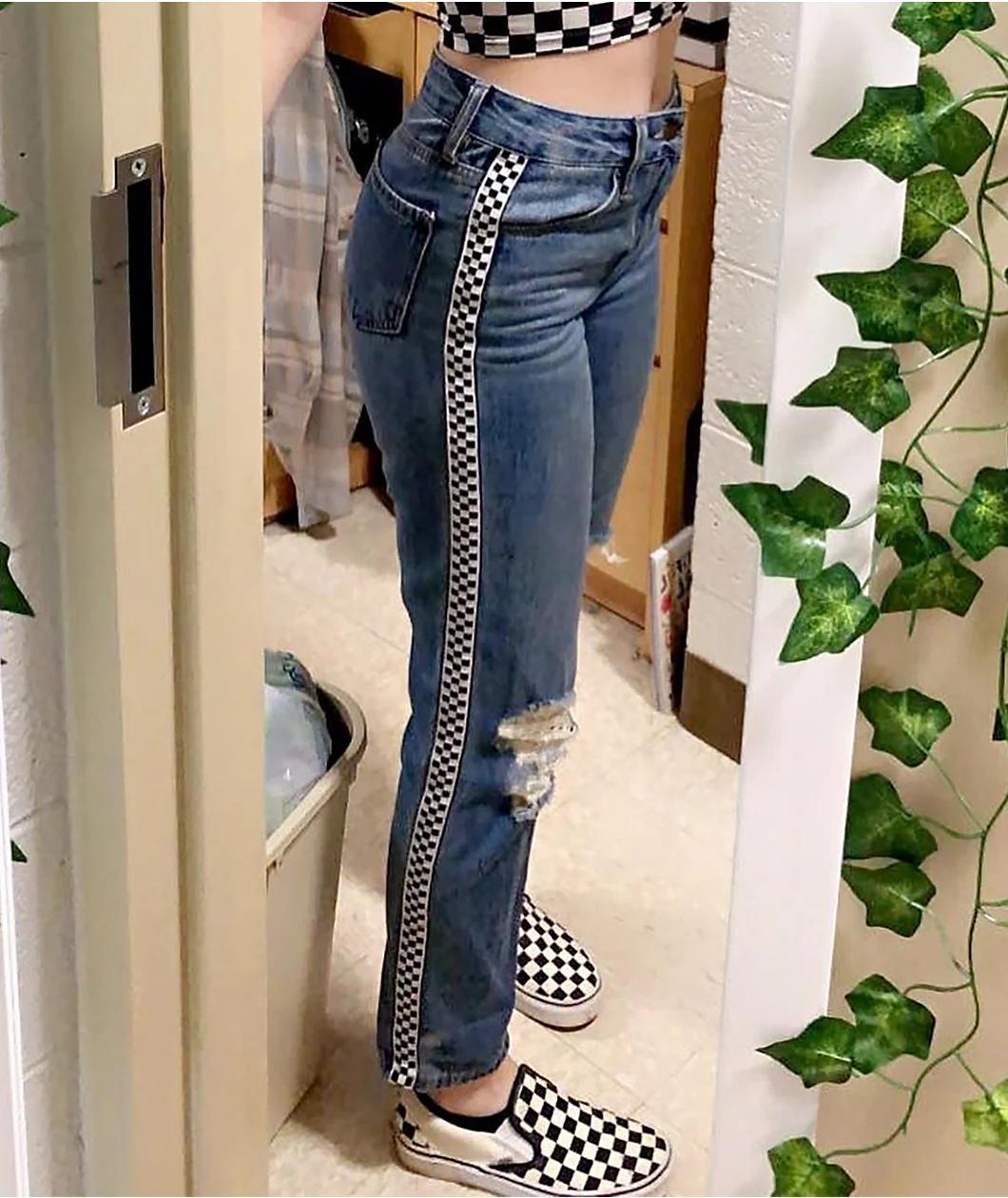 Empyre Eileen Checkered Striped Light Wash Mom Jeans Product Image