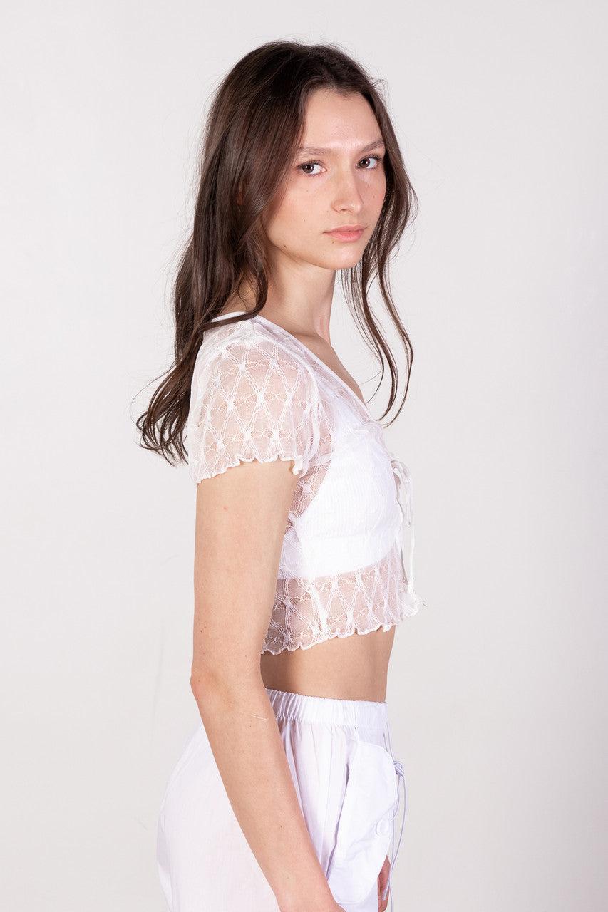 White Diamond Mesh Lace Up Top Product Image