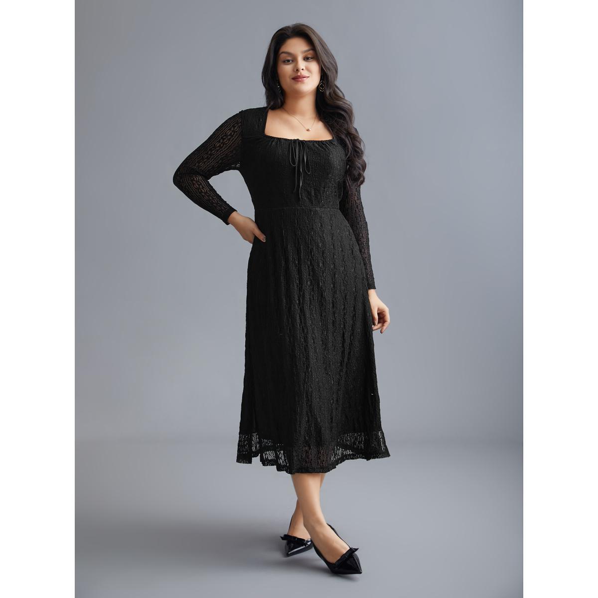Plus Size Lace Panel Square Neck Tie Knot Dress Black Women Elegant Tie knot Square Neck Long Sleeve Curvy BloomChic 12/L Product Image