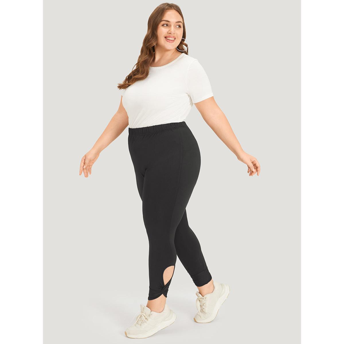 Plus Size Solid Twist Front Elastic Waist Leggings Women Black Casual High stretch Skinny High Rise Dailywear Leggings BloomChic 28/5X Product Image