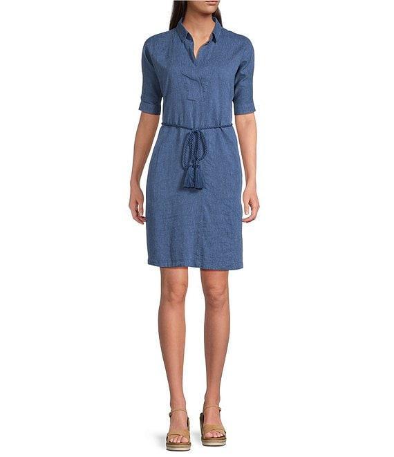NIC + ZOE Devon Rumba Linen Blend Point Collar Short Sleeve Tie Waist Shirt Dress Product Image