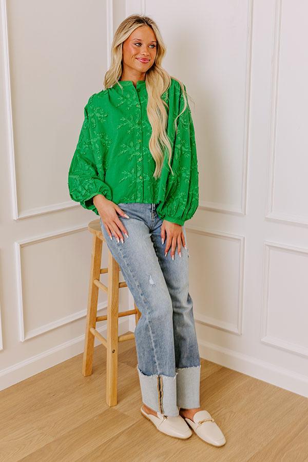 Lost In Love Embroidered Button Up in Kelly Green Product Image