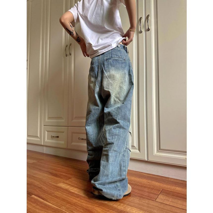 High Rise Washed Wide Leg Cargo Jeans Product Image