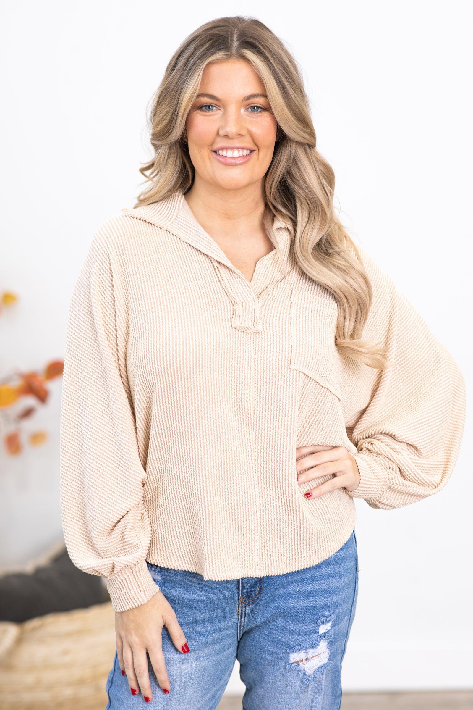 Beige Ribbed Top With Collar Product Image