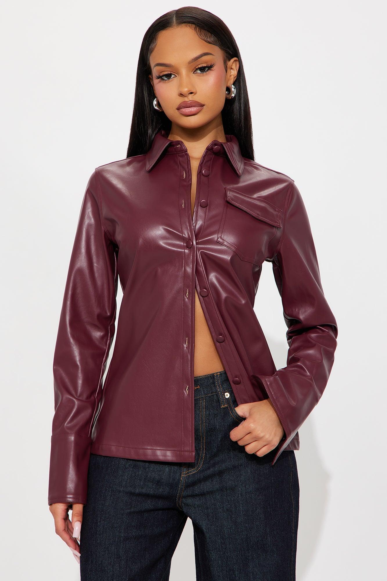 Show Time Faux Leather Shirt - Burgundy Female Product Image