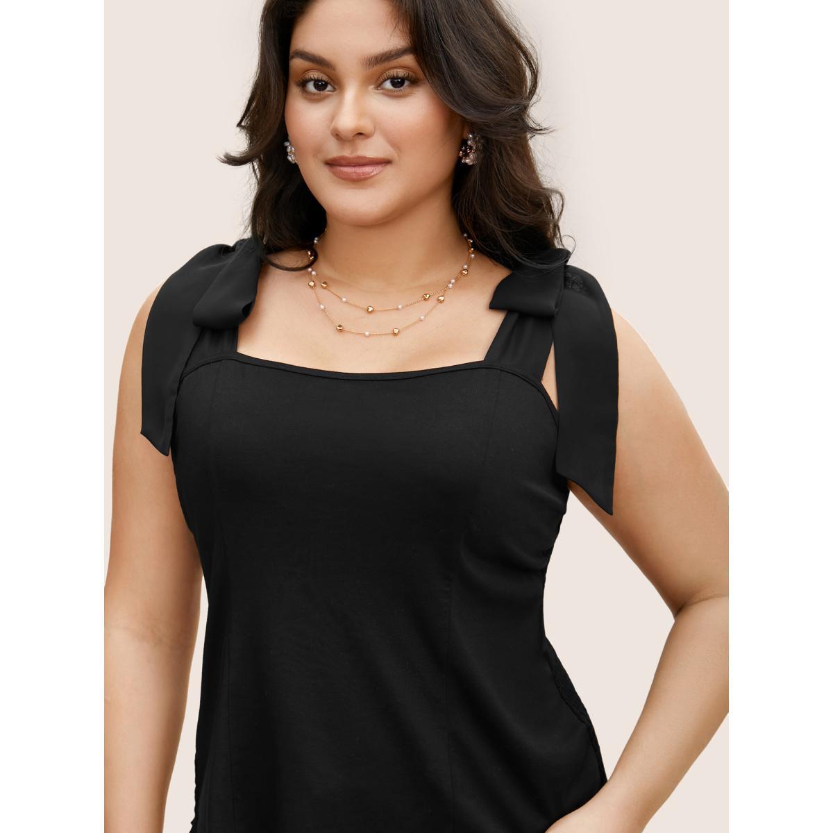 Plus Size Plain Square Neck Tie Knot Tank Top Women Black Elegant Tie knot Non Everyday Tank Tops Camis BloomChic 14-16/1X Product Image