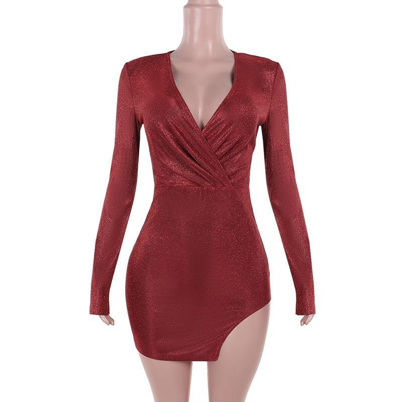 Long-Sleeve V-Neck Plunge Glitter Asymmetrical Mini Bodycon Dress Product Image