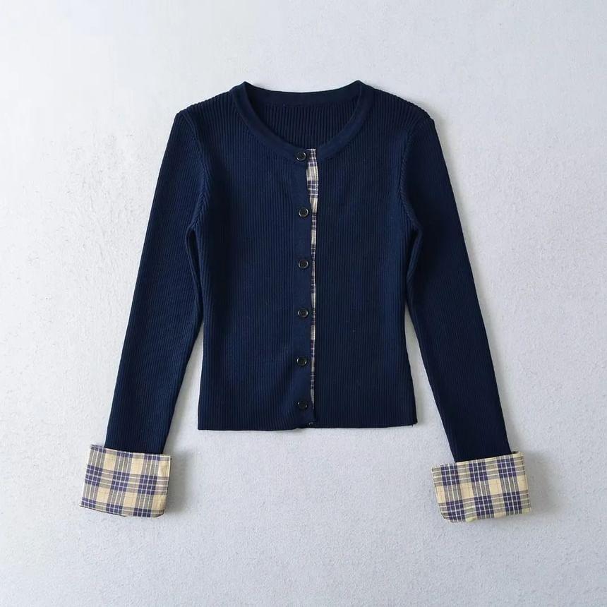 Crewneck Button-Up Plain Crop Cardigan Product Image