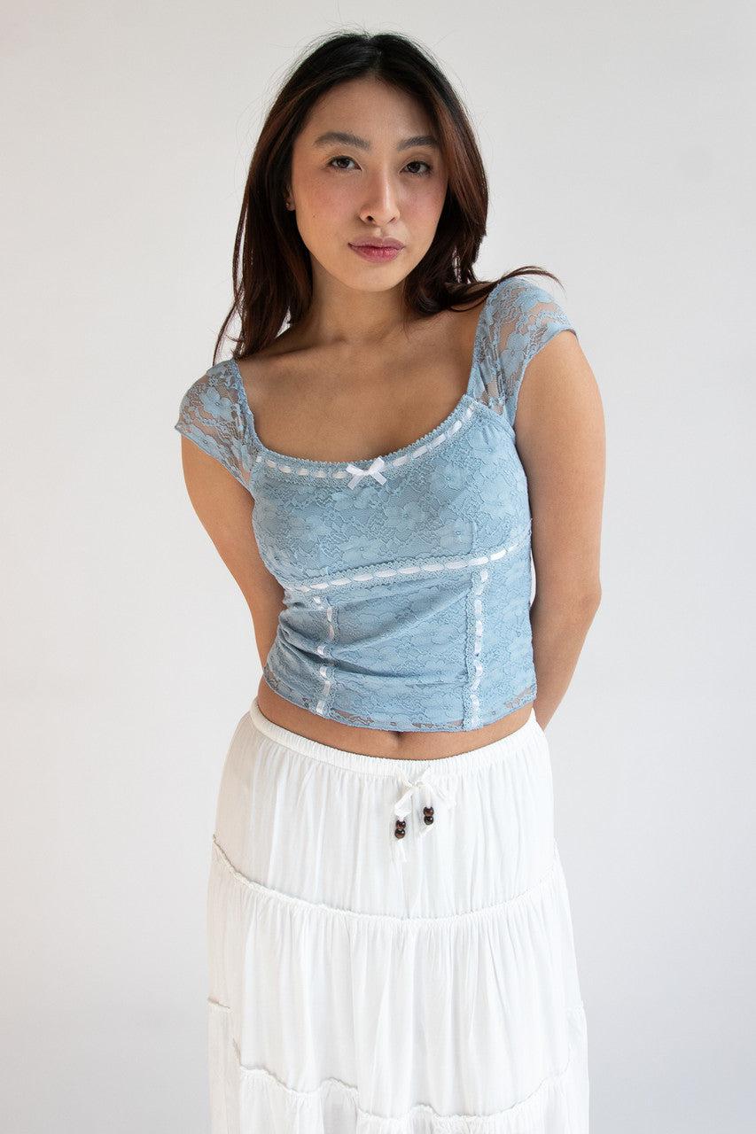 Layered Lace Cap Sleeve Ribbon Bow Top Product Image