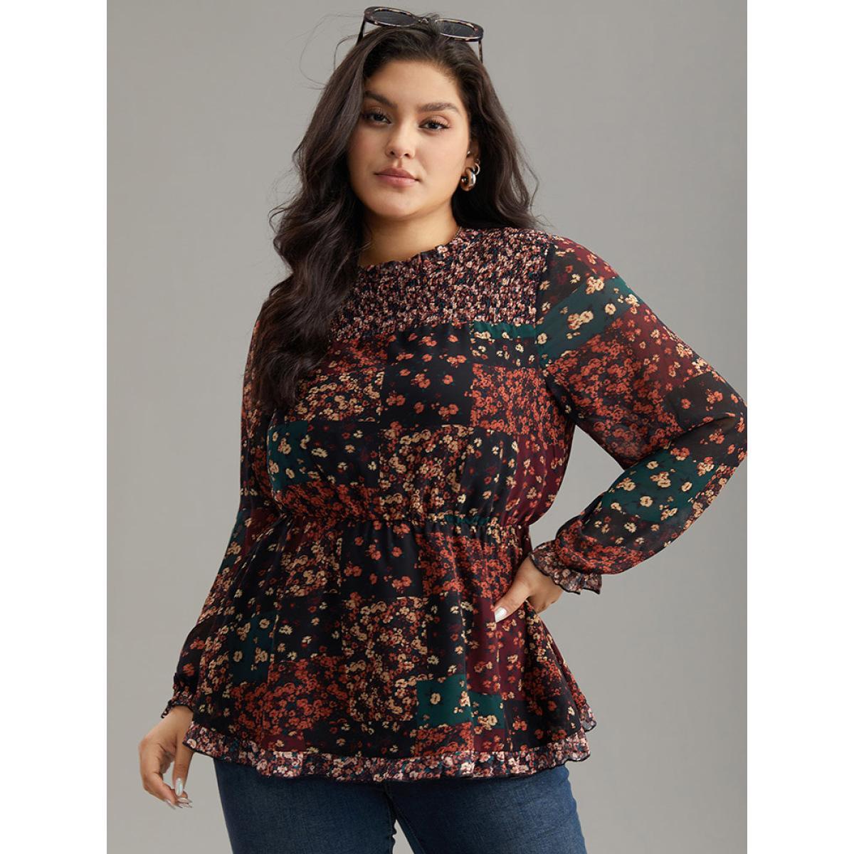 Plus Size BlackFlower Ditsy Floral Shirred Patchwork Frill Trim Gathered Blouse Women Elegant Long Sleeve Stand-up collar Everyday Blouses BloomChic 10/M Product Image