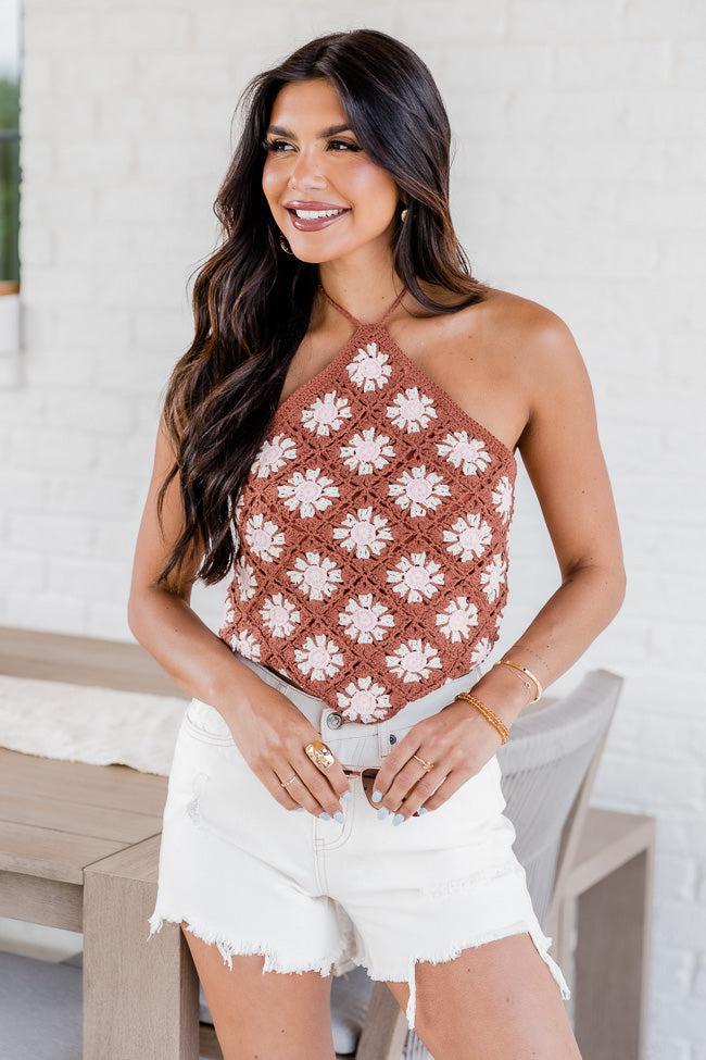 Loved By You Brown Halter Neck Crochet Tank FINAL SALE Product Image