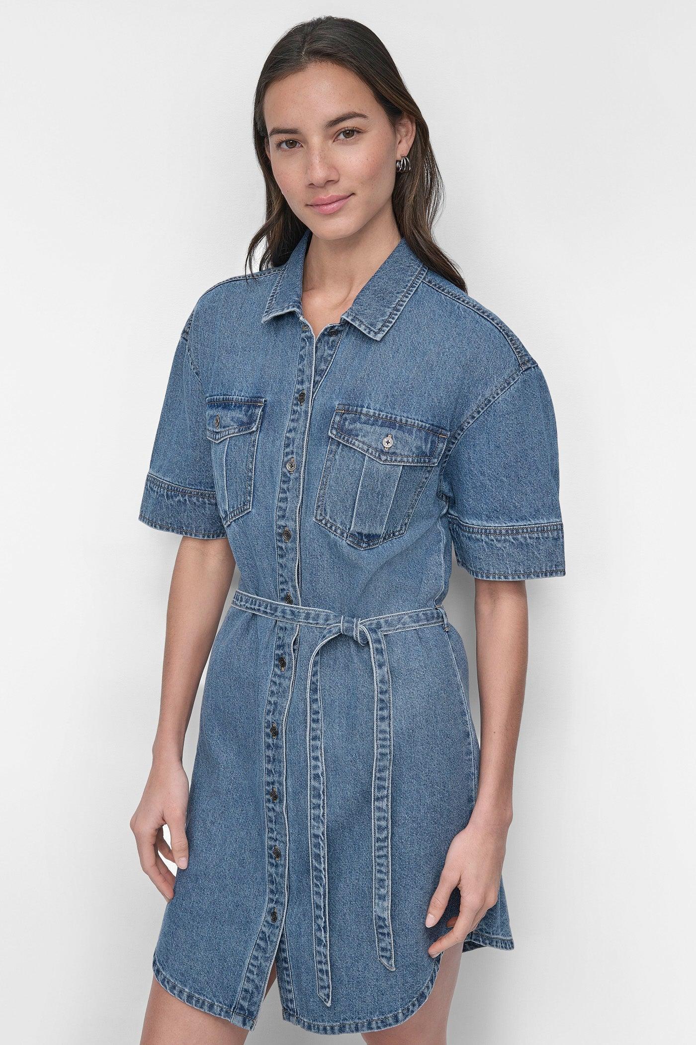 BELTED DENIM MINI SHIRT DRESS Product Image