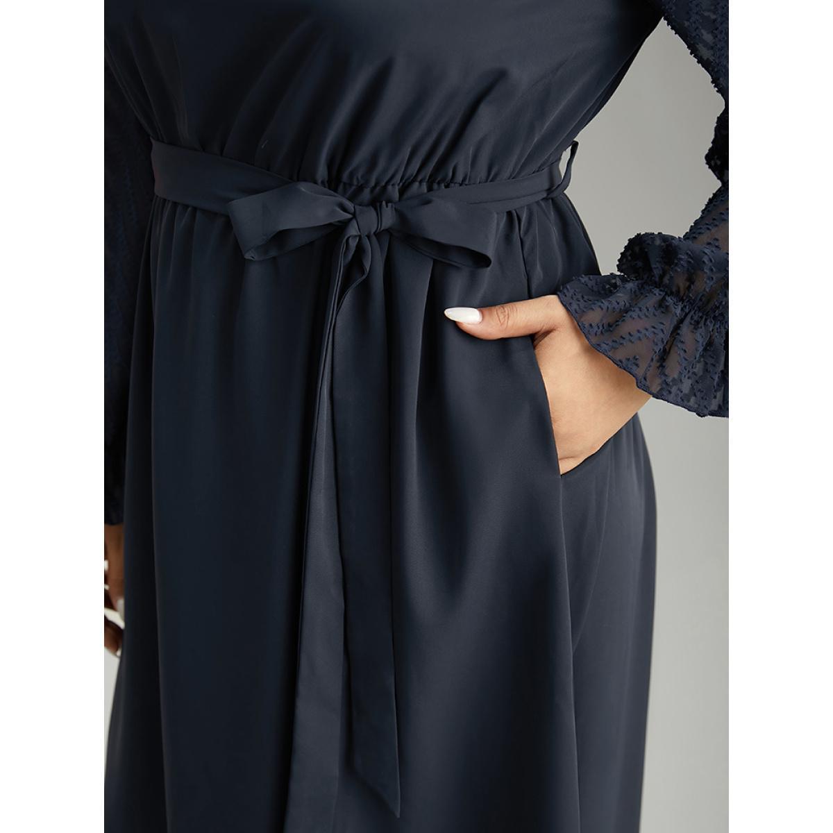 Plus Size Twill Mesh Patchwork Belted Plicated Detail Dress DarkBlue Women Elegant Texture Mock Neck Long Sleeve Curvy Midi Dress BloomChic 18-20/2X Product Image