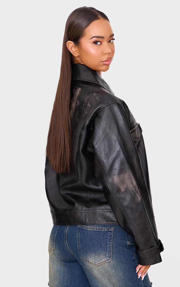 Black Worn Faux Leather Oversized Biker Jacket Product Image