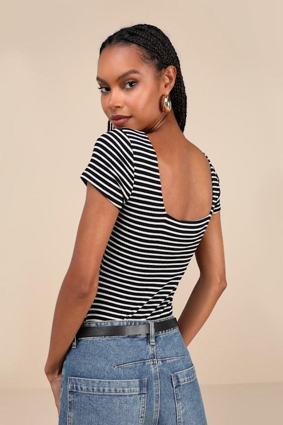 Casual Adventures Black Striped Ribbed Short Sleeve Bodysuit Product Image