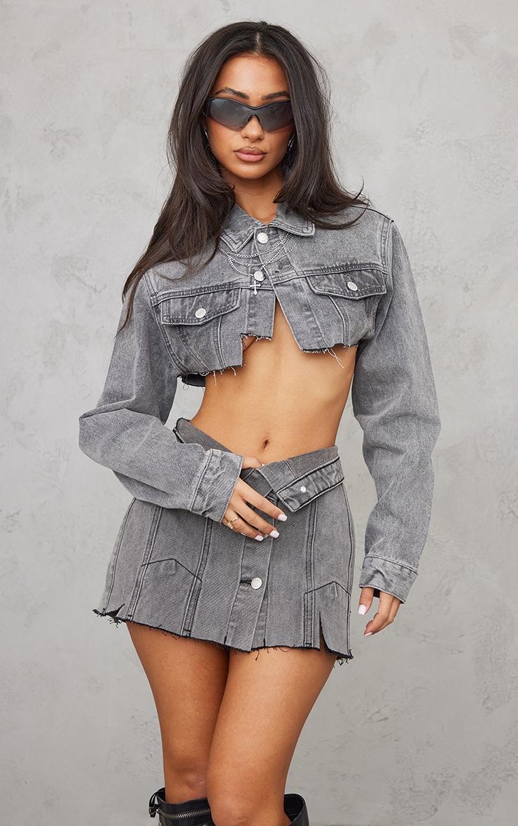 Petite Grey Distressed Denim Foldover Micro Mini Skirt Product Image