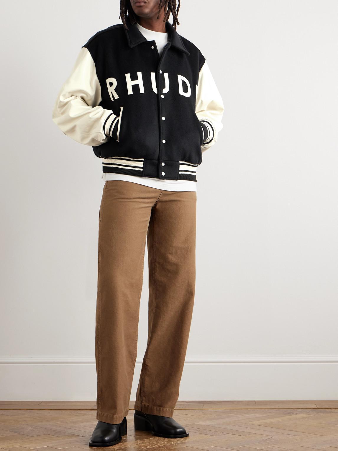 RHUDE Collegiate Logo-appliquéd Wool And Leather Bomber Jacket In Black Product Image