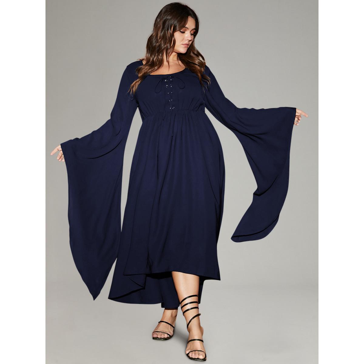 Plus Size Solid Bell Sleeve Pocket Ties High Low Hem Dress DarkBlue Women Playful Non V-neck Long Sleeve Curvy Midi Dress BloomChic 30/6X Product Image