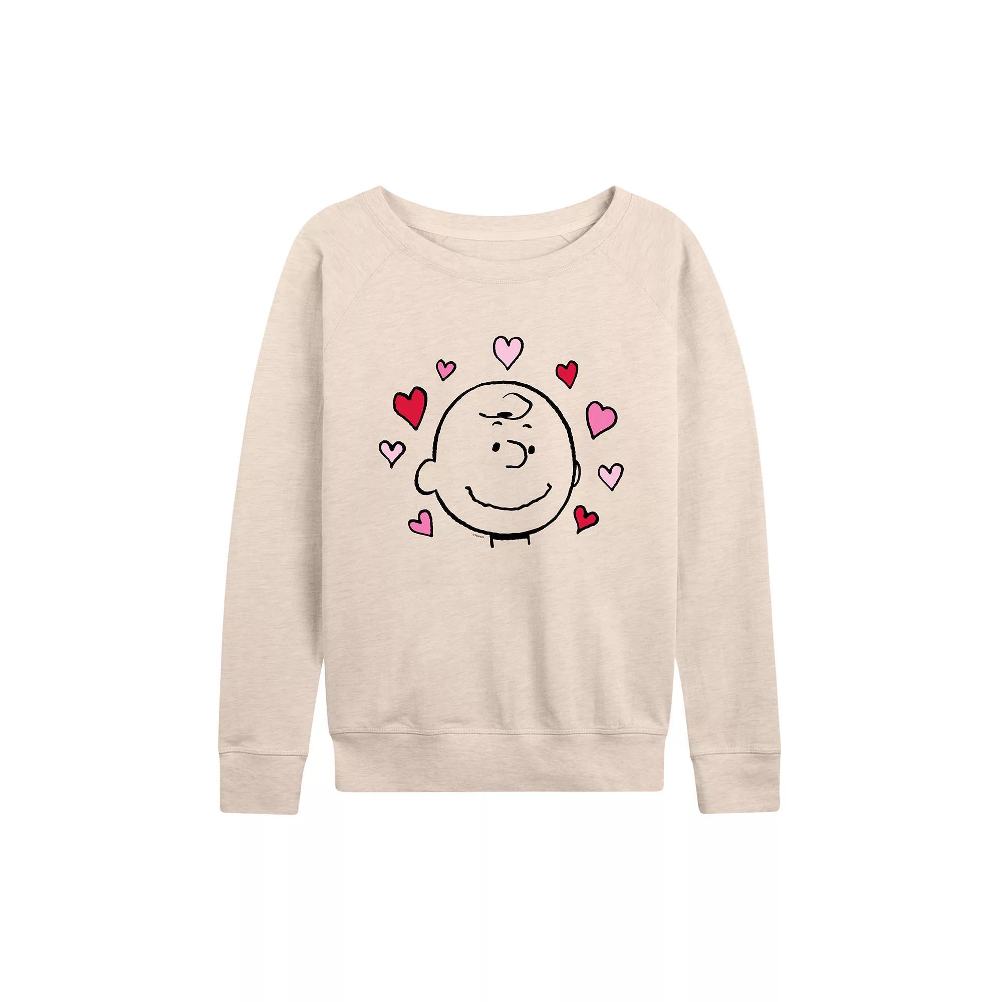Women's Peanuts Charlie Brown Face With Hearts French Terry Long Sleeve Tee,  Product Image