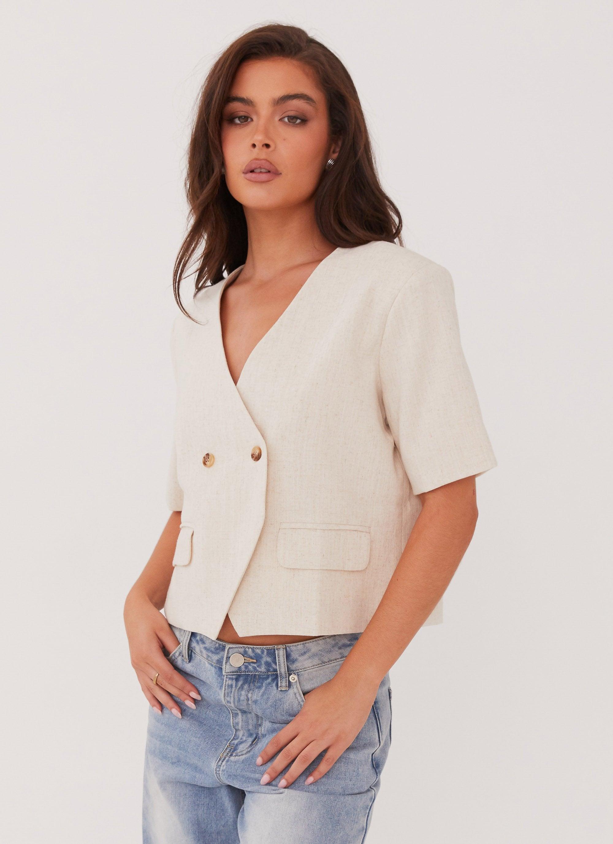 Hacienda Linen Short Sleeve Blazer - Oatmeal Product Image