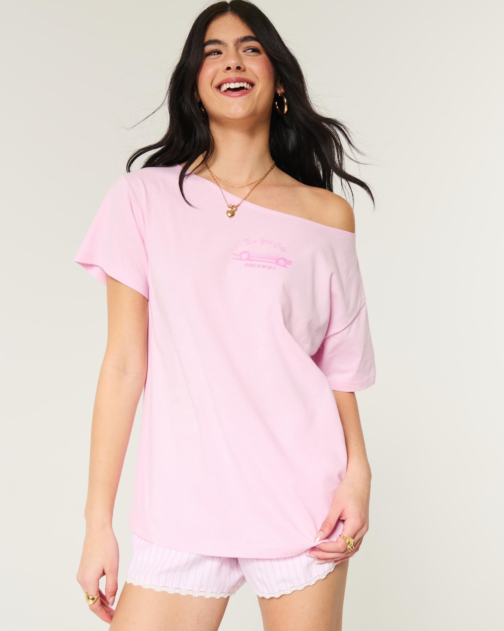 Oversized Off-the-Shoulder New York Raceway Graphic Tee Product Image