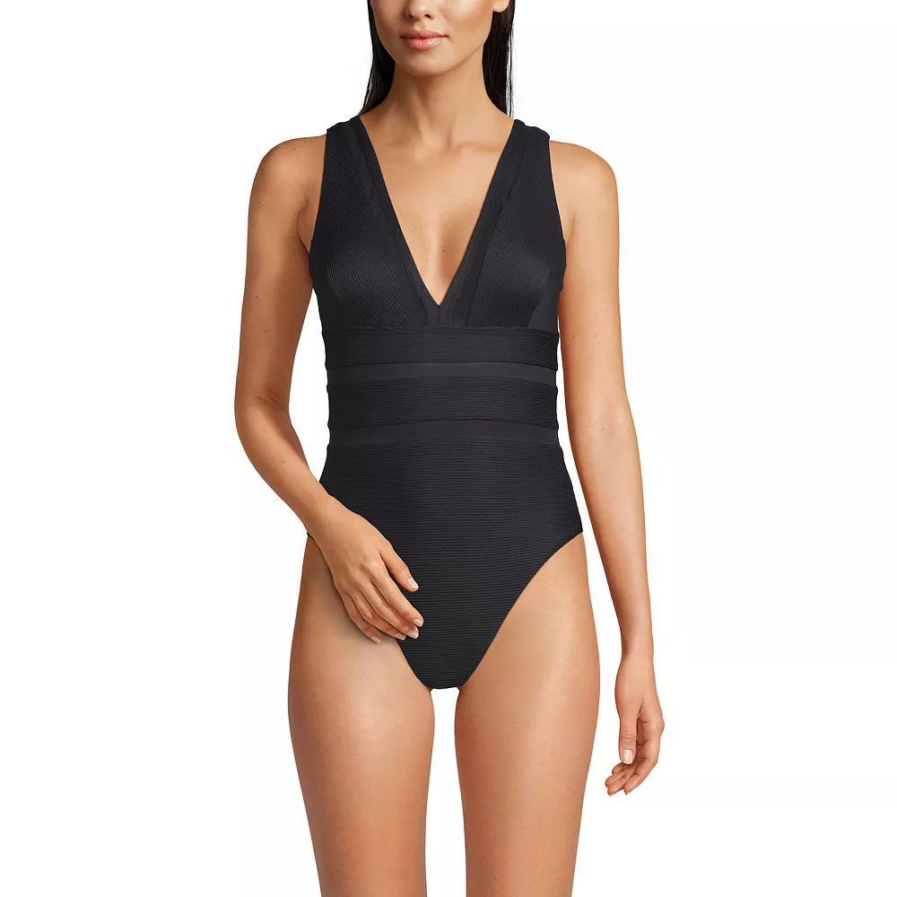 Women's Lands' End Mesh Ribbed Plunge High Leg One-Piece Swimsuit,  Product Image