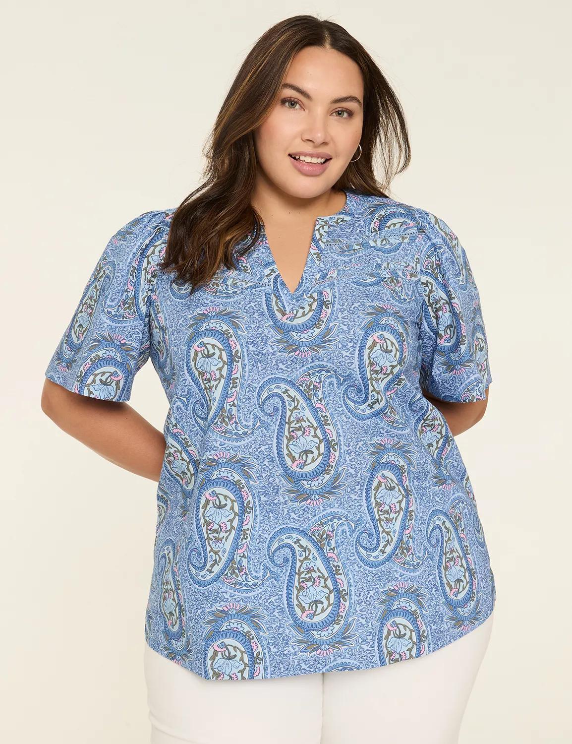 Poplin & Knit Notch-Neck Trim Top Product Image