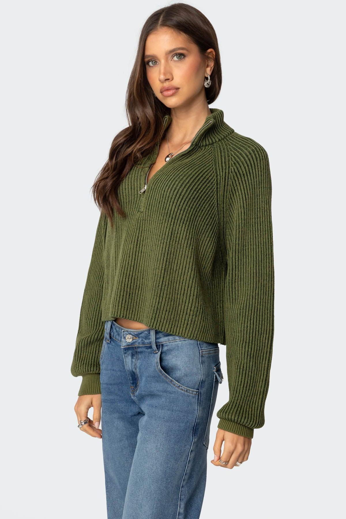 Cropped Rib Knit Half Zip Sweater Product Image