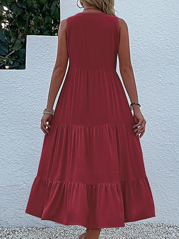 Loose Sleeveless Pleated Split-Joint V-Neck Midi Dresses Product Image