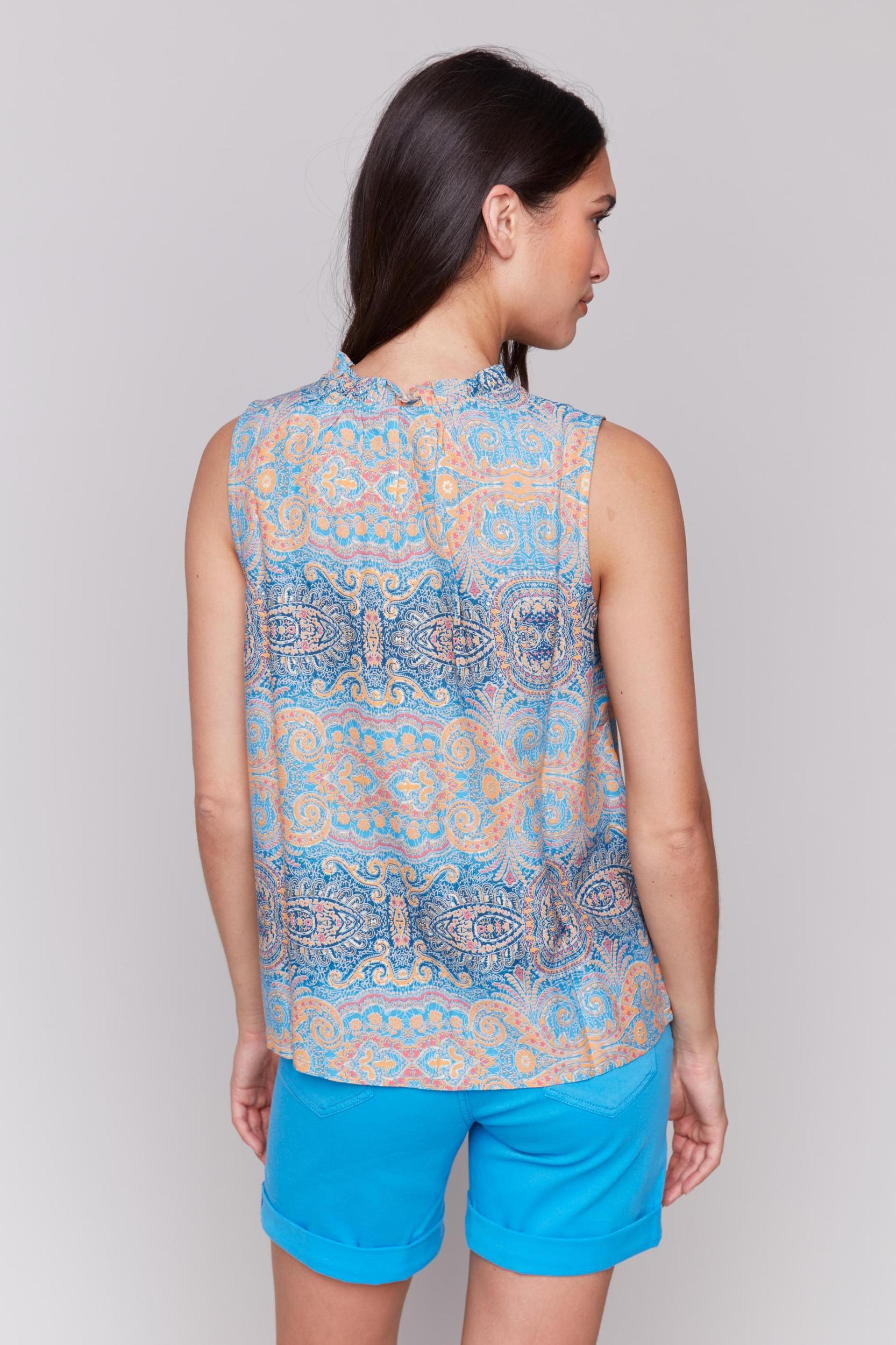 Printed Sleeveless Blouse with Ruffle Collar Product Image